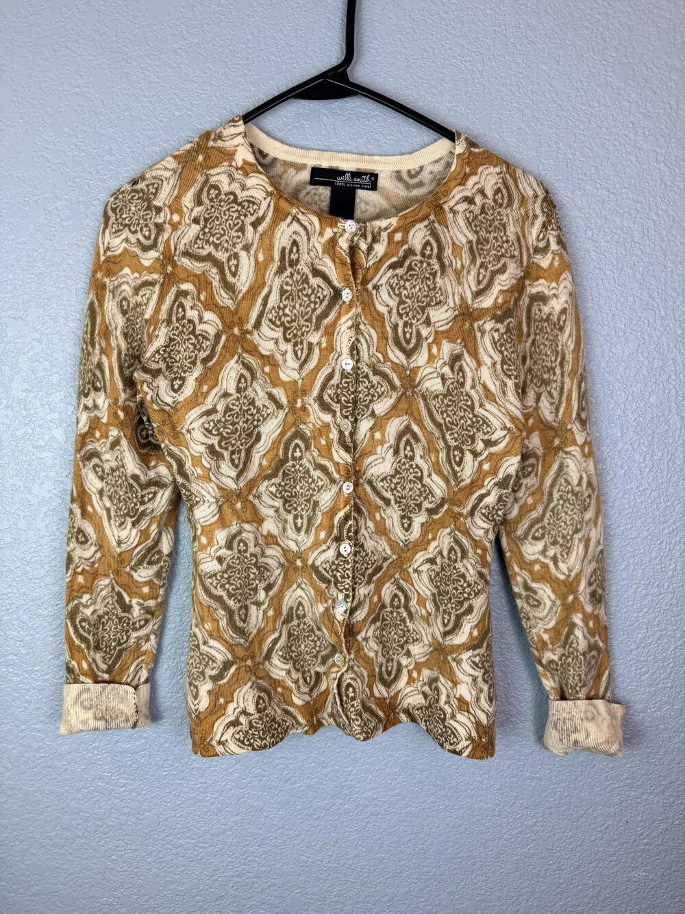 Willi Smith Cardigan Sweater Womens Small Brown 100% Merino Wool Geometric Print
